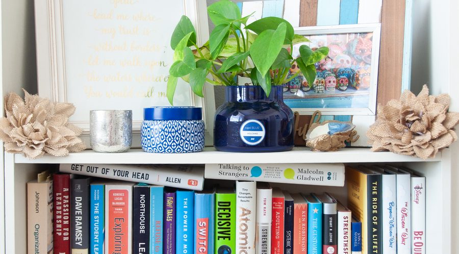 A bright bookshelf filled with books, a plant, and framed art